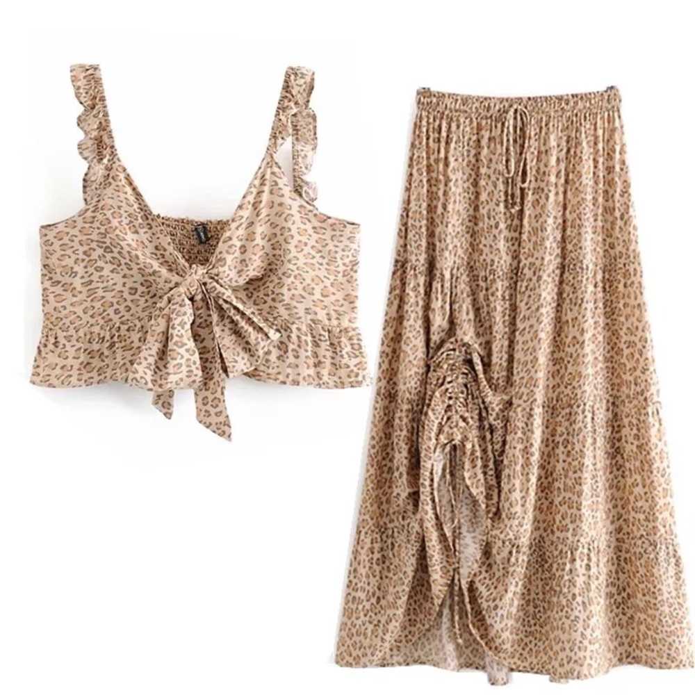 Boho Leopard Tie Top + Tiered Skirt 2 Piece Set - Picture 5 of 13